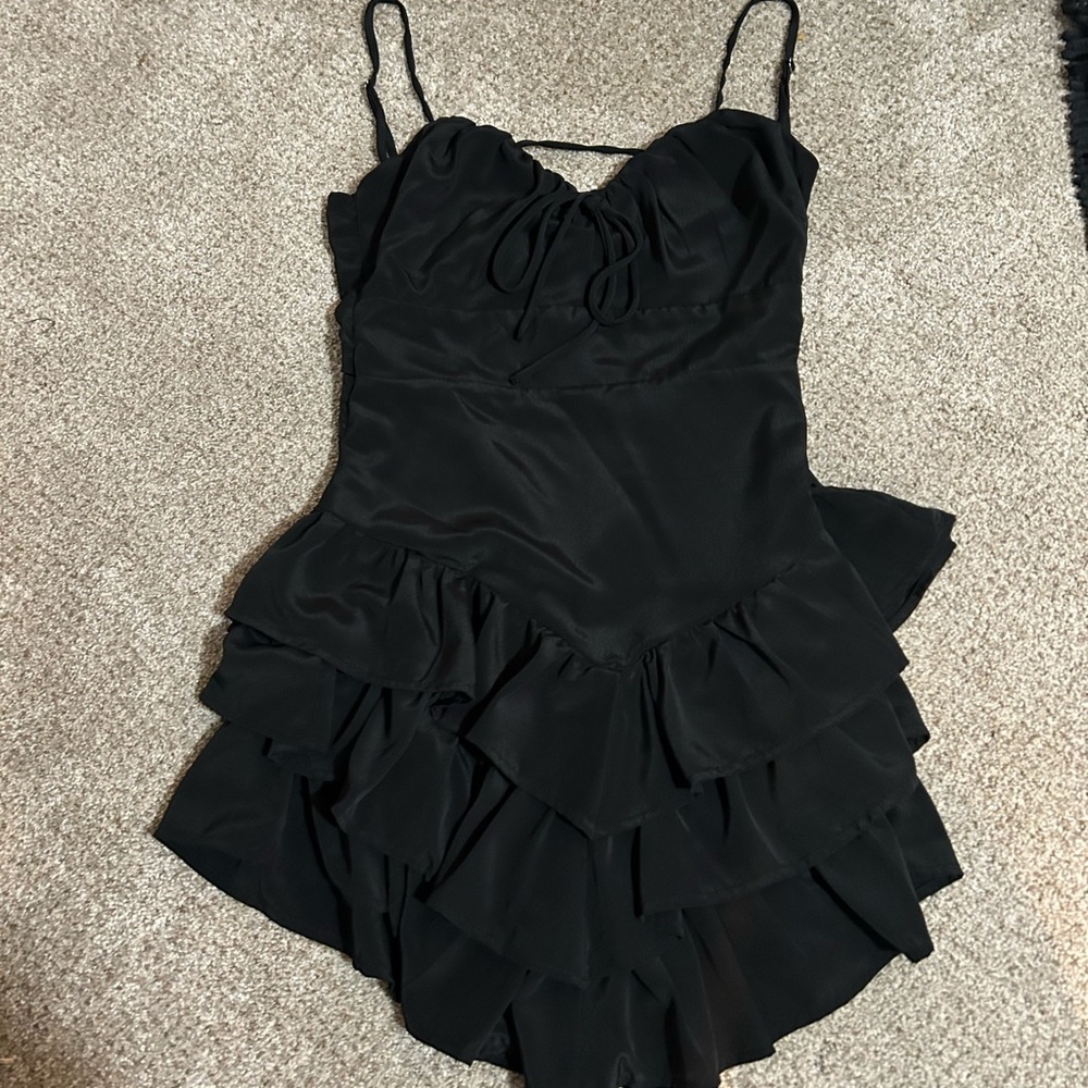 one clothing Black Ruffle Satin Chemise with Spaghetti Straps